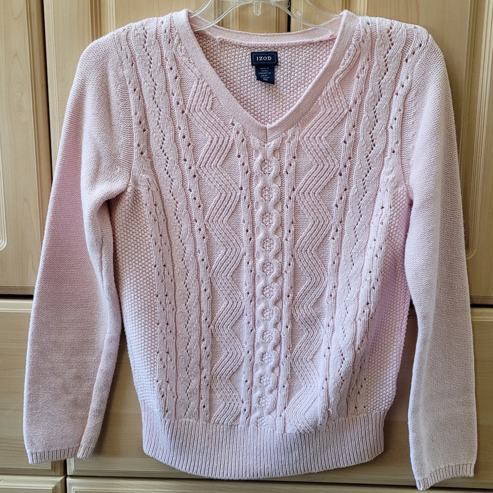 Izod Sweater Cable Knit V-neck Pink Sz Small Petite